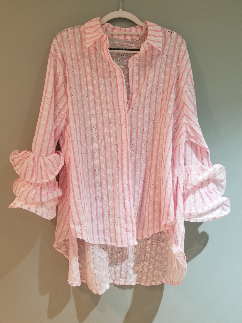 Ladies Pink Striped Eyelet Button-Up Blouse